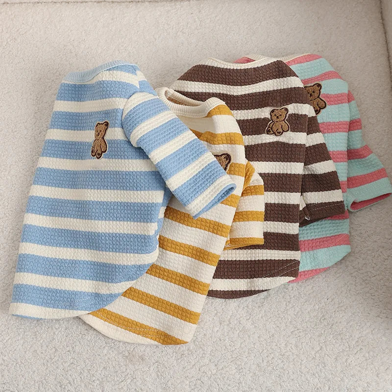 Autumn/Winter Waffle Top Two Leg Colorful Stripe Bottom Shirt Teddy Bear Pomeranian Cat Top Dog Clothes for Small Dogs