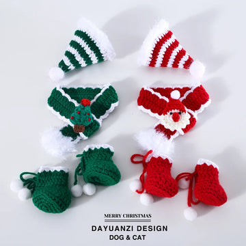 Pet Cat Dog Santa Claus Tree Hand Crochet Knitted Scarf Bib Hat Socks Shoes Combination Set Puppy Cat Accessories Dog Collar