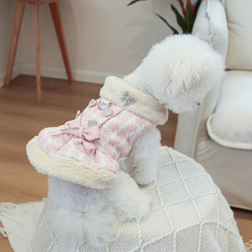 Pet Pink Plaid Coat Pet Bow Tie Clothes Dog Lapel Fur Dress Cat Clothing Warm Little Butterfly Woolen Skirt Puppy Clothes