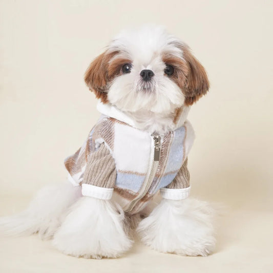 Pet Autumn and Winter Checkered Hooded Coat Dog Fur Coat Schnauzer Bear Lamb Wool Vest Dog Clothes for Small Dogs Puppy