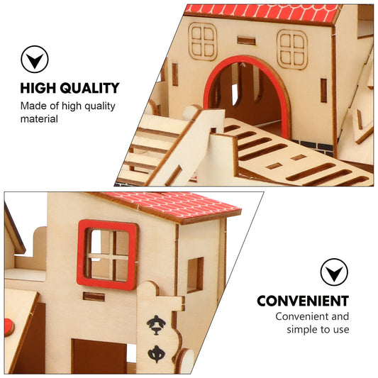 Wooden Hamster House Hamster Hideout Wooden Hut Small Animals Double Layer Villa Rat House Cage Exercise Toy with Ladder Board