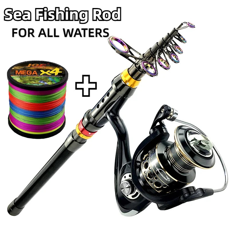 Spinning Fishing Rod and Reel Combo 1.8-3.6m Carbon Fiber Sea Pole and 5.2:1 Gear Ratio Metal Spool with Line Kits for Bass Carp