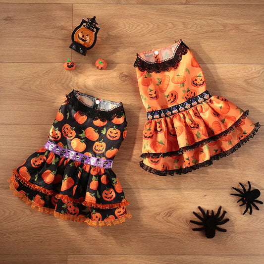 Pumpkin Lace Dress Pet Supplies Halloween Party Double Layered Dress Dog Clothing