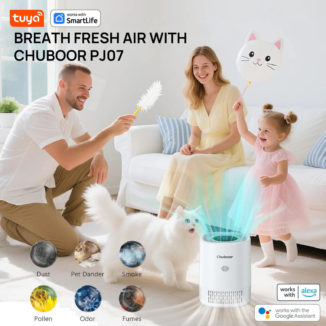 PJ07 Pro Tuya Smart Air Purifier, App Control & Timer,24dB 3-Speed H13 HEPA+Carbon,15㎡for Office/Study/Baby Room, Alexa/Google
