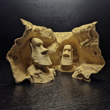 Easter Island Heads Themed Aquascape,Hiding House for Fish & Shrimp,Simulated Rock Cave with Undulating Substrate Sand Terrain