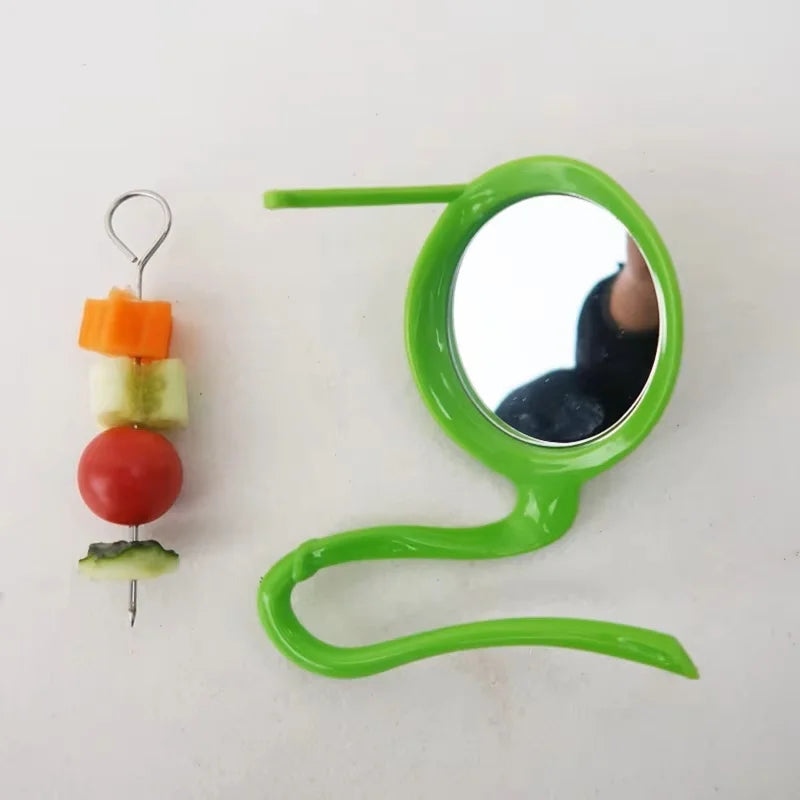 Bird Mirror Toy with Plastic Perch Stand Parrot Metal Fruit Vegetable Holder Feeder Lovebirds Finches Canaries Cage Accessories