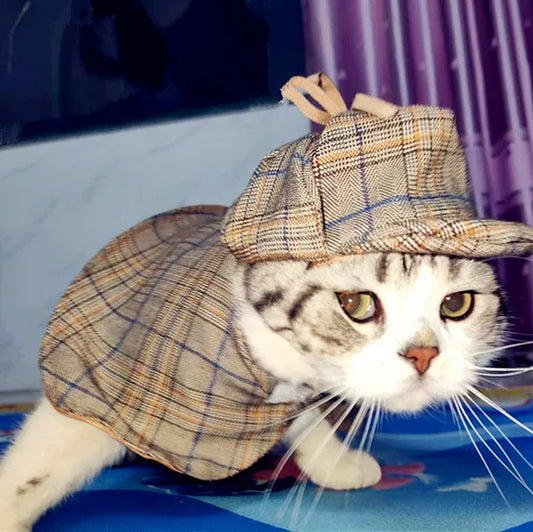 Pet Detective Transformation Cloak Hat Set Cat Dog Checkered Halloween Dress Up Funny Cloak Coat Puppy Clothes for Small Dogs