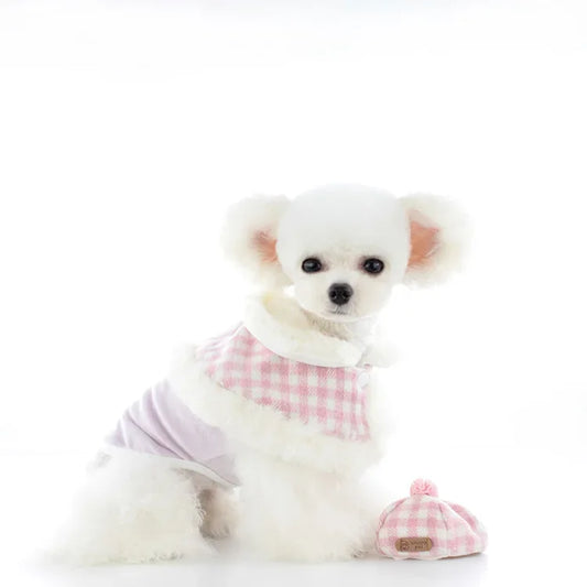 Ins New Pet Clothes Winter Thickening Warm Plaid Cloak Suit Bottoming Shirt Hat Coat Preppy Cute Dog Clothes Dog Jacket