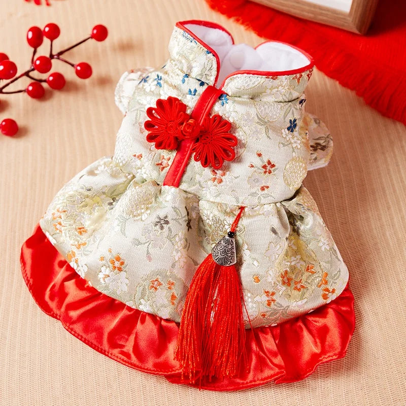 Pet Dog Dress Chinese Style Dog Princess Skirt Fashion Print Puppy Clothes New Year Cat Dress Pet Costumes Chihuahua Dog Clothes