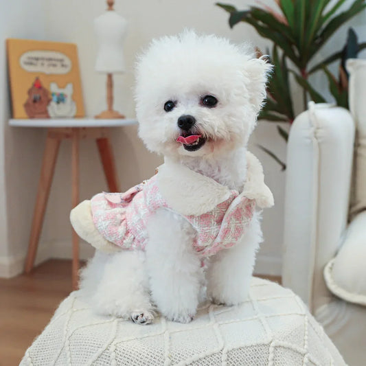 Pet Pink Plaid Coat Pet Bow Tie Clothes Dog Lapel Fur Dress Cat Clothing Warm Little Butterfly Woolen Skirt Puppy Clothes