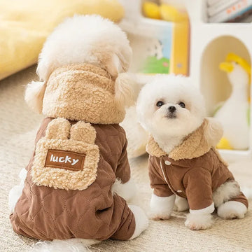 Autumn Winter Dog Jumpsuit Warm Plush Hooded Jacket Pocket Traction Four Legged Cotton Coat Teddy Bear Small Dog Pet Clothes