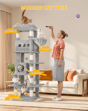 Hzuaneri 170 cm Large Cat Tree, Cat Tower for Maine Cat, Multi-Level Scratching Post with Large Perch, Washable Mat
