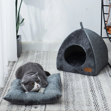 Triangle Cat Cave Bed Enclosed Design - Thick Plush Warm Pet House for Deep Sleeping Cats and Small Dogs Security