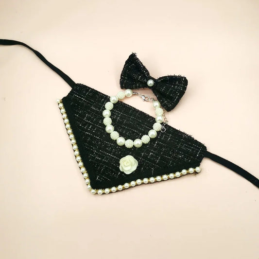 Pet Pearl Necklace Dog Bib Cat Supplies Dog Rough Cloth Saliva Towel Triangle Scarf Bow Cat Dog Bandana Pet Accessories