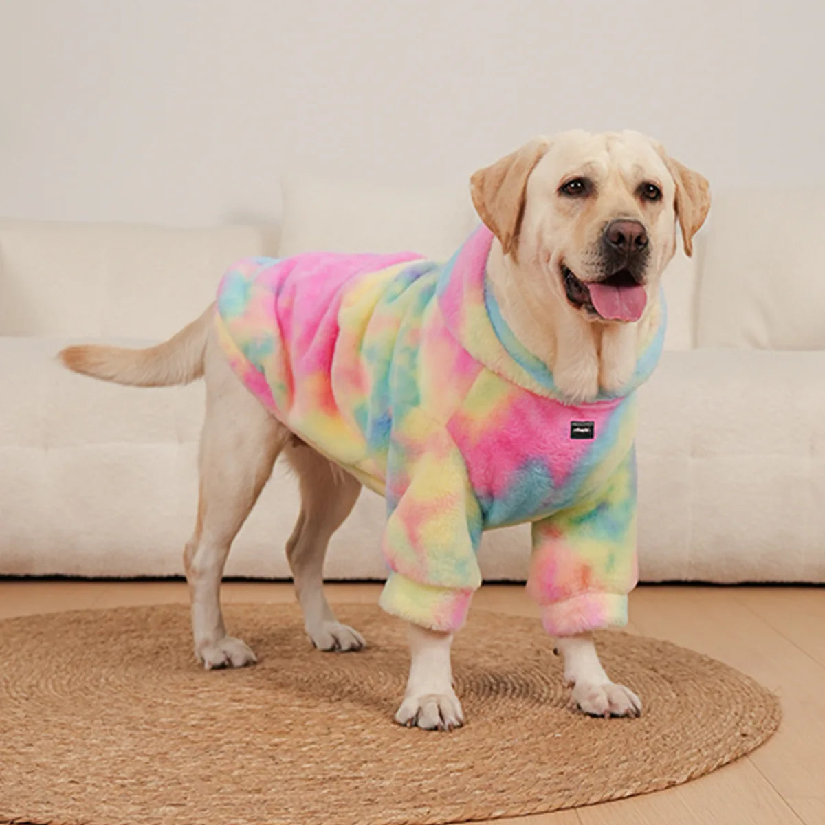 Winter cross-border popular pet hoodie tie dyed rabbit hair rainbow dog hoodie