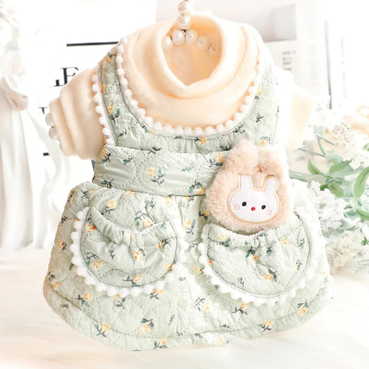 Dog Floral Rabbit Strap Skirt Autumn/Winter Thick Cat Princess Winter Skirt Rabbit Strap Cute Small Dog Teddy Pet Puppy Dress