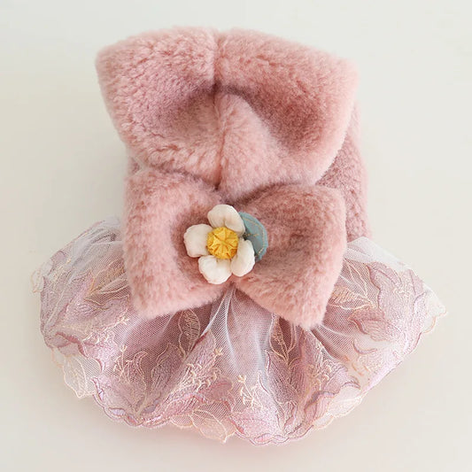 Pet Autumn Winter Woolen Flower Coat Hooded Skirt That Can Pull Cat Bow Coat Clothing Pet Clothing Dog Clothes for Small Dogs