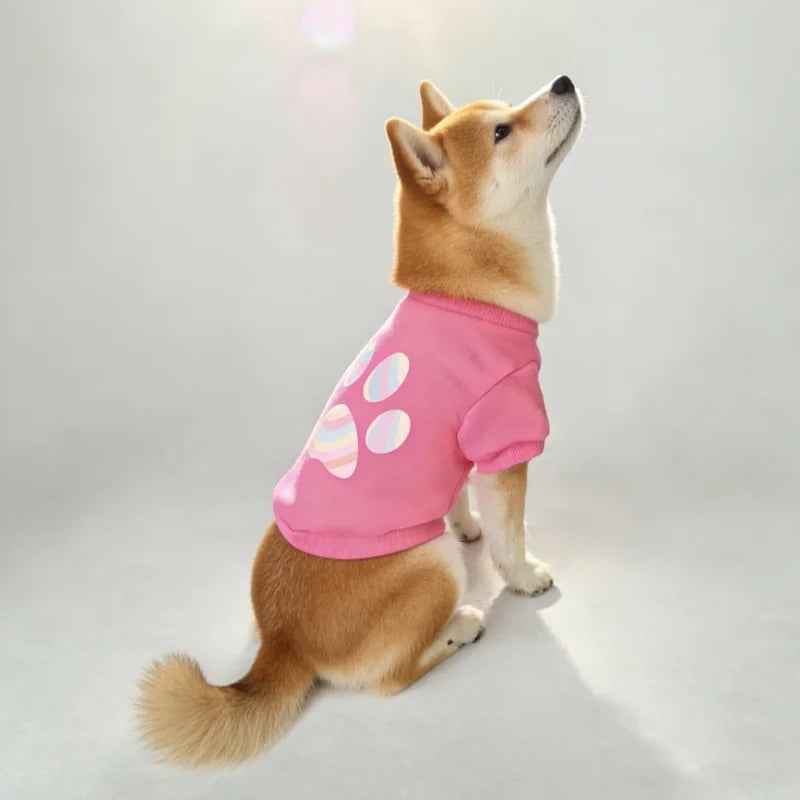 1pc Cute Paw Print Pet Sweatshirt for Dogs & Cats - Soft Pink Pullover with Ribbed Cuffs, Striped Paw Design