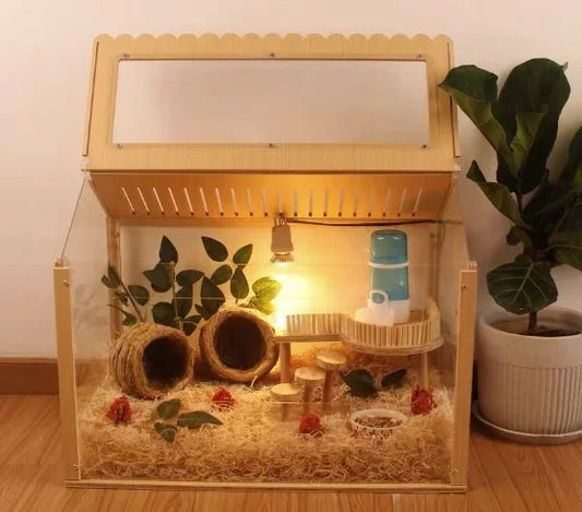 Natural Wood Hamster Cage Wooden Hamster Houses With Acrylic For Gerbil, Syrian Hamster, Chinchillas