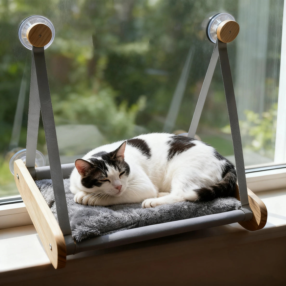 Wooden Cat Hammock with Suction Cups, Wall Mounted Sunning Lounge with Plush Pad - Cozy Hanging Bed for Indoor Cats