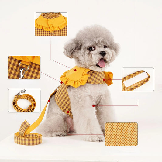 Dog Plaid Chest Strap Lapel Lace Vest Pet Traction Rope Dog Cat Chest Strap Small Dog Vest-style Pomeranian Teddy Dog Rope