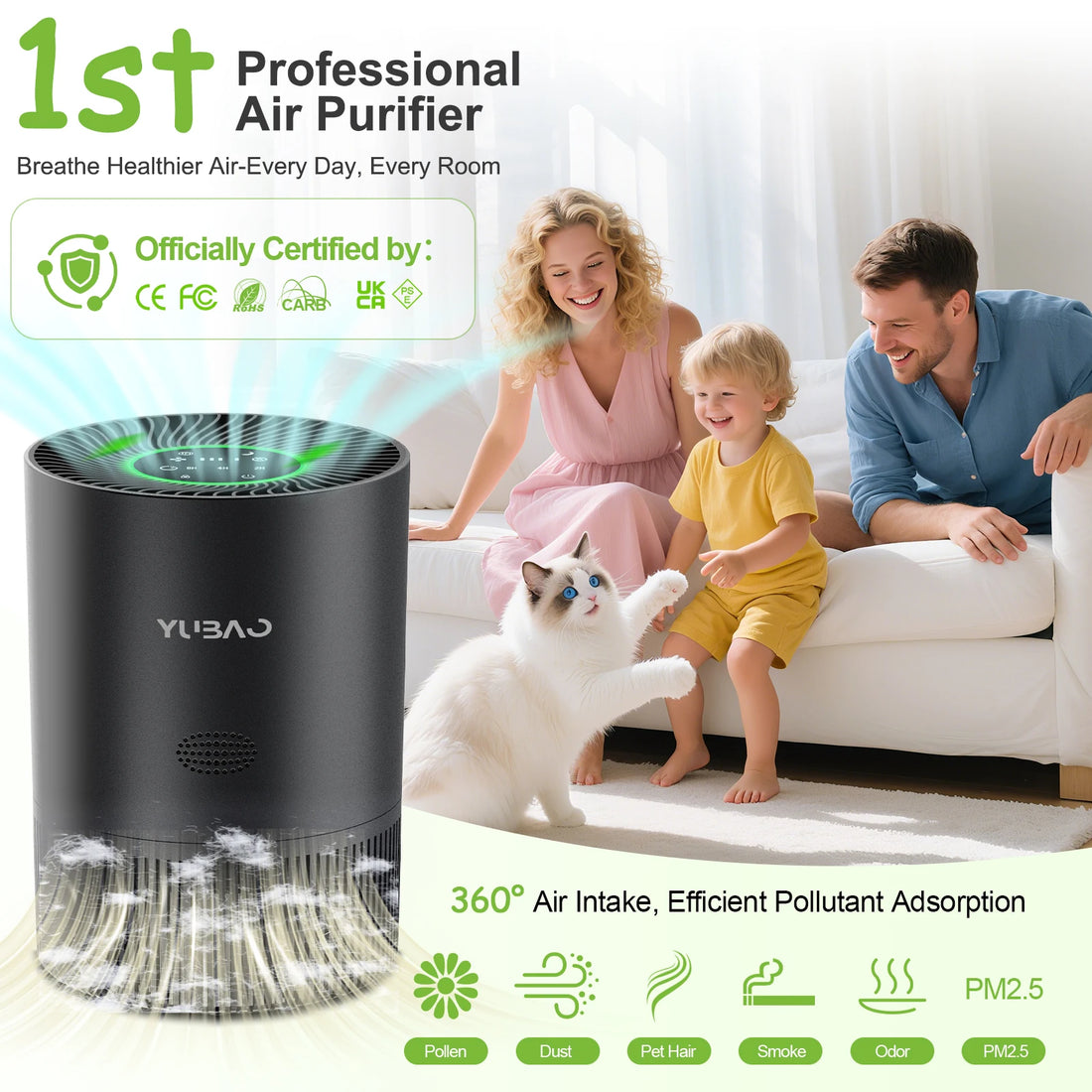 Air purifier for home and smoking rooms CADR 305m³/h 4-in-1 HEPA filter 24dB sleep mode H13 HEPA filter dust pollen and pet hair