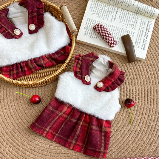 Pet Autumn/Winter Plush Splicing Checkered Christmas Princess Dress Dog Clothes Autumn/Winter Lace Strap Dress for Small Dogs