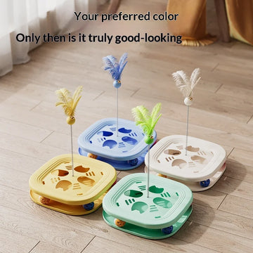 Self Play Cat Activity Center Toy - Boredom Relief Feather Bell Teaser Wand Interactive Pet Puzzle Fun Game