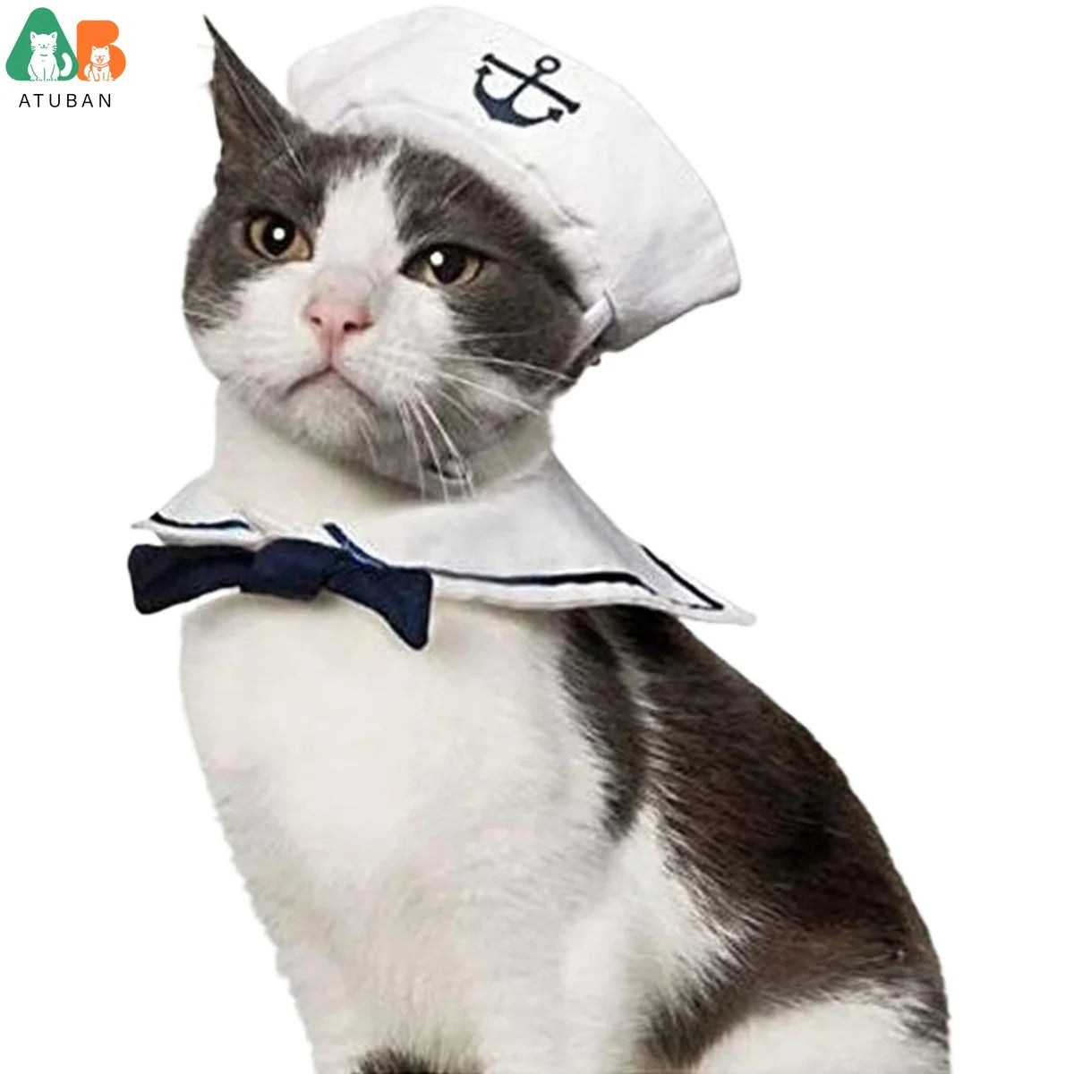 ATUBAN Pet Sailor Costume for Cats Small Dogs Halloween Cat Sailor Hat with Tie Collar Doggy Navy Outfit Cosplay Apparel