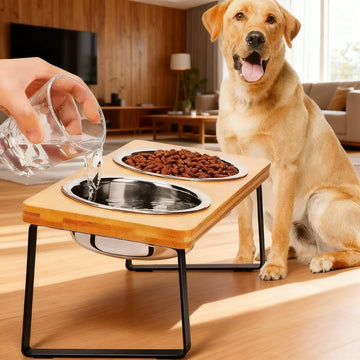 Elevated Cat Bowl Wooden 15° Tilted Raised Pet Bowl Stand with 2/3 Stainless Steel Bowl Neck Protection Dog Feeder Pet Supplies