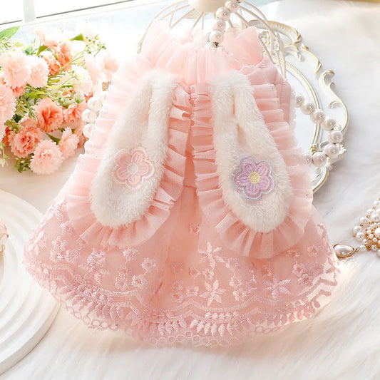 Korean Cute Rabbit Ear Puppy Clothing Autumn Winter Soft Plush Pink Dresses For Small Medium Dog Fashion Warm Pet Dog Clothes