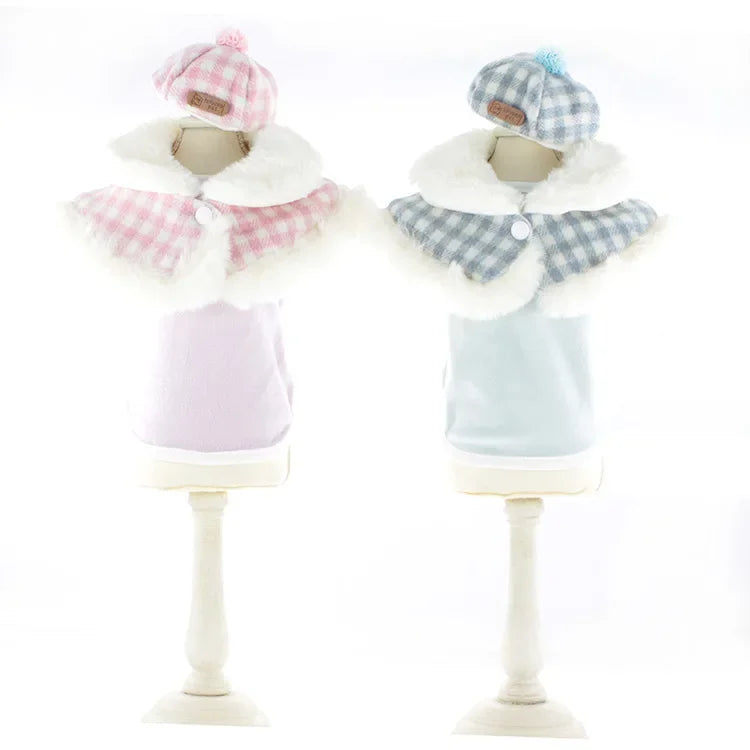 Ins New Pet Clothes Winter Thickening Warm Plaid Cloak Suit Bottoming Shirt Hat Coat Preppy Cute Dog Clothes Dog Jacket