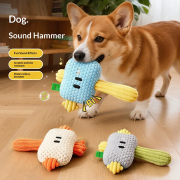Chew Resistant Plush Hammer Dog Toy - Self Play Boredom Relief Rope Knot Squeaky Tug of War for Puppy Fun