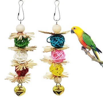 Bird Chewing Toy Parrot Cage Bite Toys Rattan Balls with Bell Colorful Entertainment Toys for Small Medium Parrots Random Color