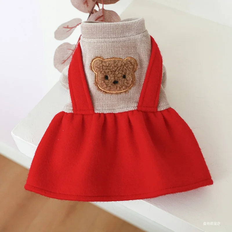 1PC Pet Clothes Cat Warm Autumn  Winter New Year Christmas Red Bear Strap Princess Dress Suitable for Small and Medium sized Dog