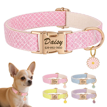 Bling Nylon Custom Dog Collar Cute Flower Tag Dog Collars Engraving Pet Name ID Buckle Necklace For Small Large Dogs Chihuahua