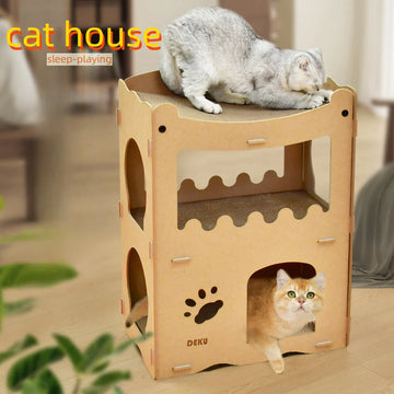 Cat House Wooden House with Scratching board Cardboard Durable cat scrtcher cat scratching lounge cat bed