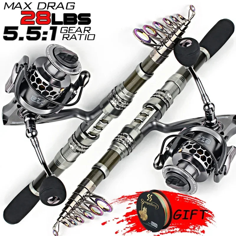 Sougayilang Fishing Rod and Reel Combo Telescopic Fishing Rod Spinning Reel Max Drag 20Kg for Saltwater Freshwater Beach Fishing