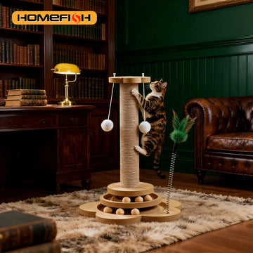 Pet Cat Toy Solid Wood Cat Turntable Funny Cat Stick Balls Durable Sisal Scratching Board Cat Supplies Cat Grab Column