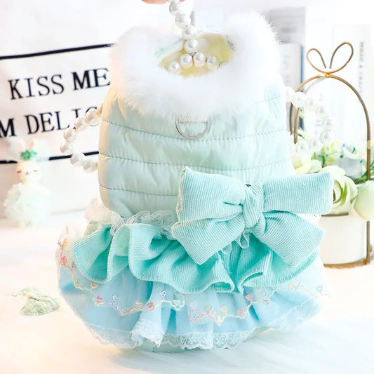 Princess Dog Winter Clothing Thick Warm Cat Dog Dress Coat with Bowknot Fluffy Skirt Puppy Clothes for Small dog