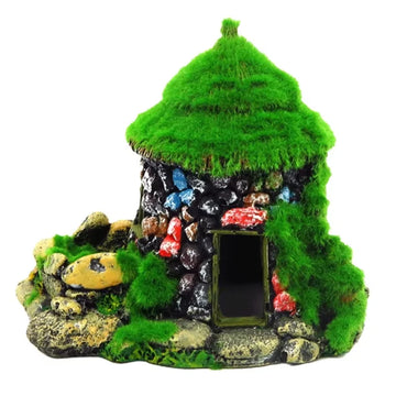 Aquarium Decoration House Resin House Betta Cave with Realistic Green Moss Fish Tank Ornaments Shelters Hideout Aquatic Rockery
