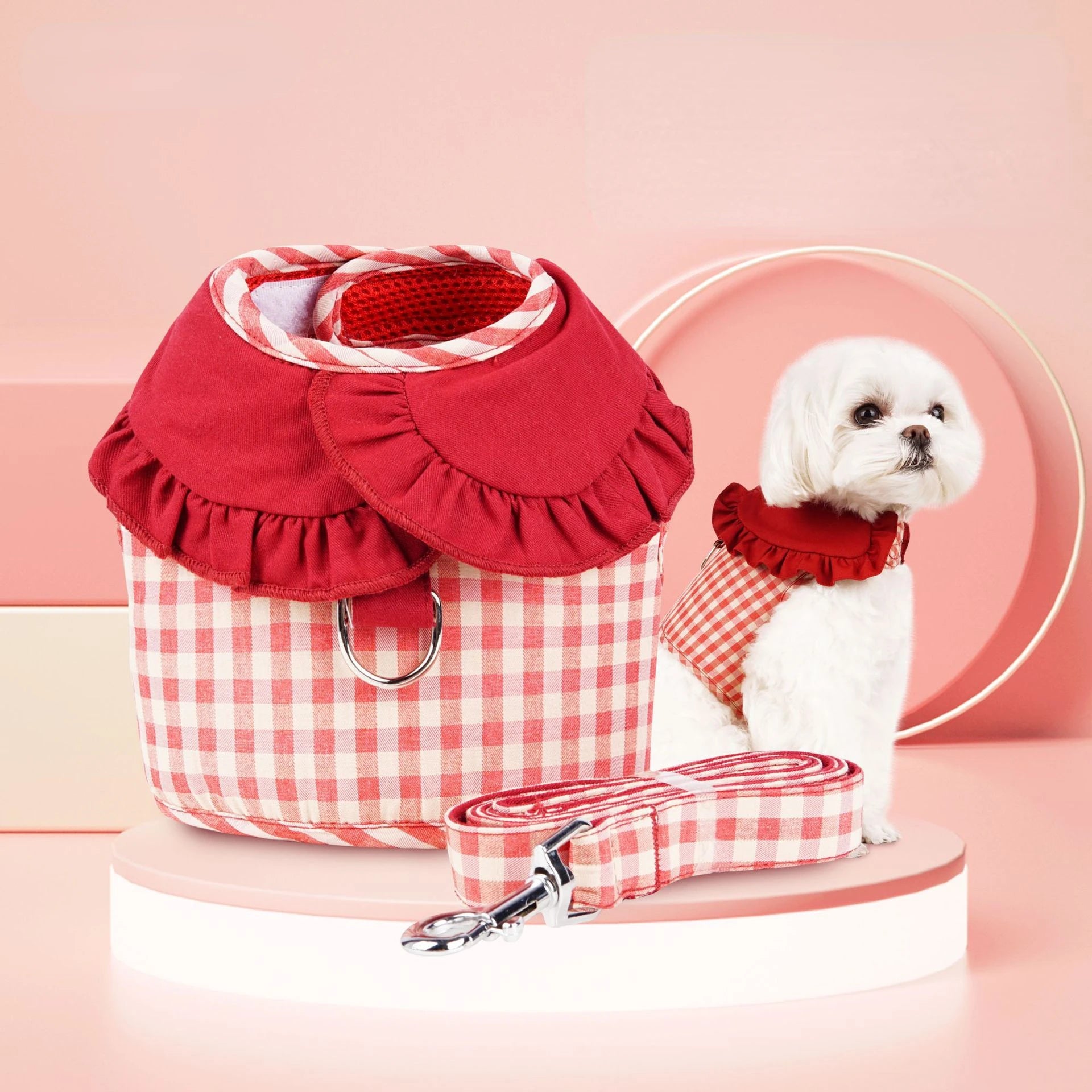 Dog Plaid Chest Strap Lapel Lace Vest Pet Traction Rope Dog Cat Chest Strap Small Dog Vest-style Pomeranian Teddy Dog Rope