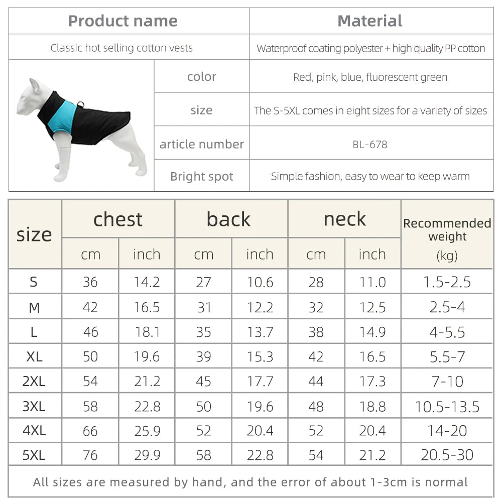 Winter Pet Coat Dog Clothing Warm Rainproof Overall Traction Cotton Pet Clothing Thick Big Dog Vest Pet Supplies Charge Coat