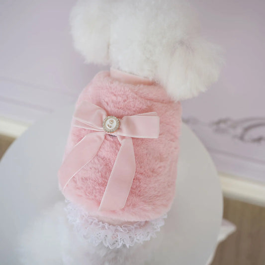 Autumn and Winter Pet Dog Bow Plush Vest Imitation Rabbit Fur Vest Lace Two-piece Set for Winter Small Medium-sized Dog Clothing