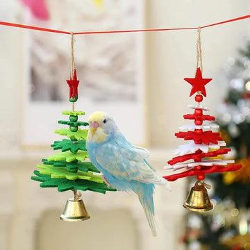 1 pc Cute Felt Christmas Tree-shaped Bird Hanging Toy with Bell for Small Animal Birds Parrots Christmas Cage Hanging Chew Toys