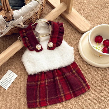 Pet Autumn/Winter Plush Splicing Checkered Christmas Princess Dress Dog Clothes Autumn/Winter Lace Strap Dress for Small Dogs