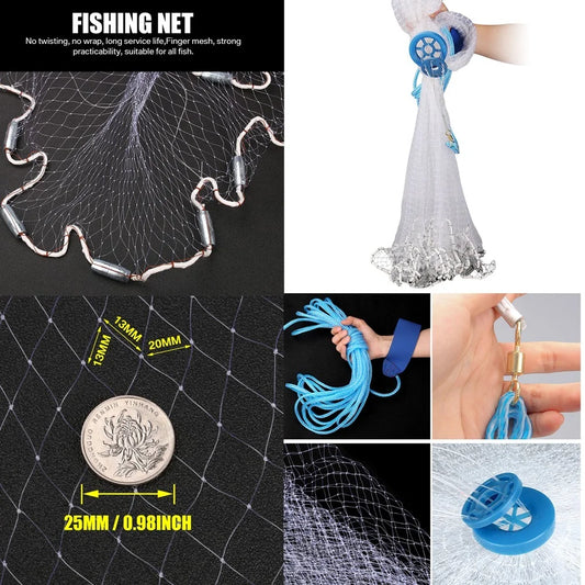 American Saltwater Fishing Cast Net for Bait Trap Fish 3/4/5/6/7/8/9/10ft Radius Casting Nets with Heavy Duty Zinc Sinker Weight