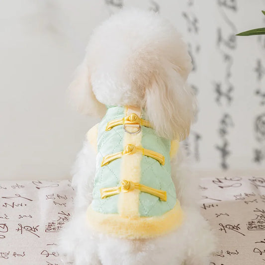 Dog Autumn and Winter Plush Clothes Chinese Style Buckle Traction Vest Winter Thick and Warm New Year Teddy Small Dog Clothes