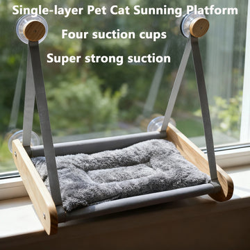 Wooden Cat Hammock with Suction Cups, Wall Mounted Sunning Lounge with Plush Pad - Cozy Hanging Bed for Indoor Cats