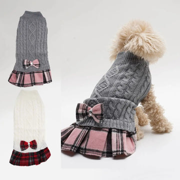 2 Pack Autumn Winter Pet Clothes Knitted Sweater Plaid Woolen Skirt for Dogs And Cats with Bow-Tie Design